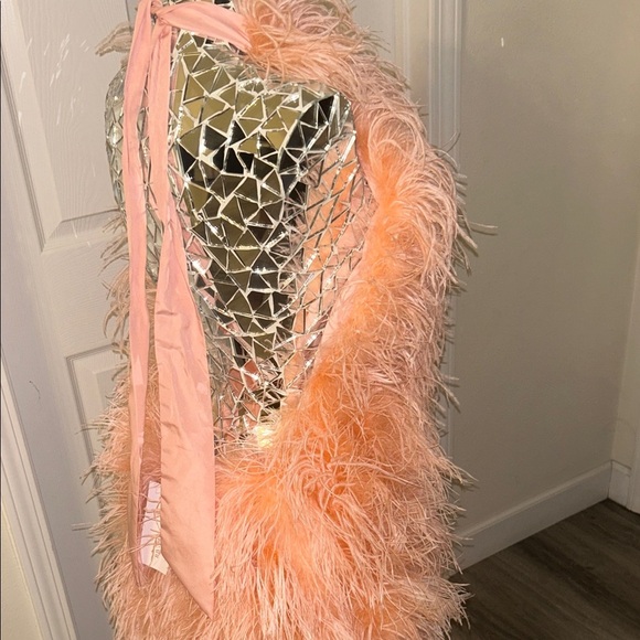 SAFFIYYAH PAUL Ostrich Feather Peach High Neck Open Back Mini Dress M/L - Picture 10 of 16